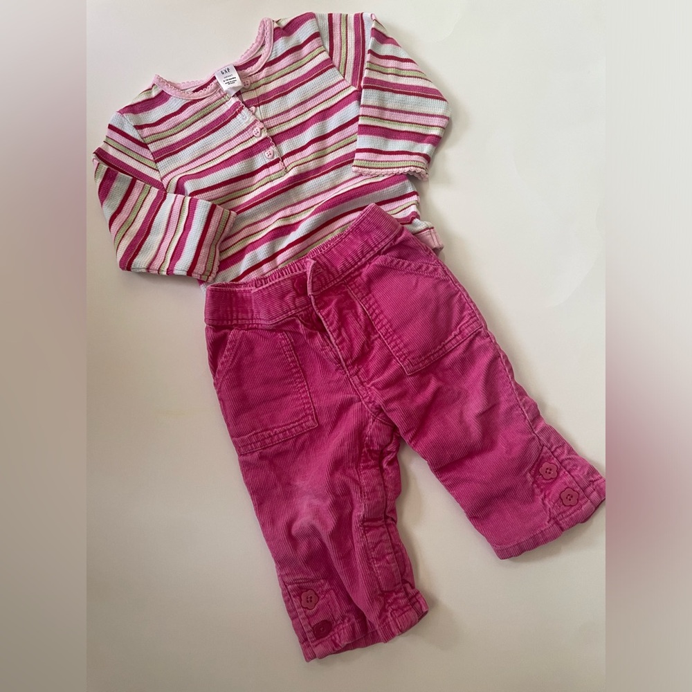 Baby Gap outfit -long sleeve striped bodysuit, pink corduroy pants